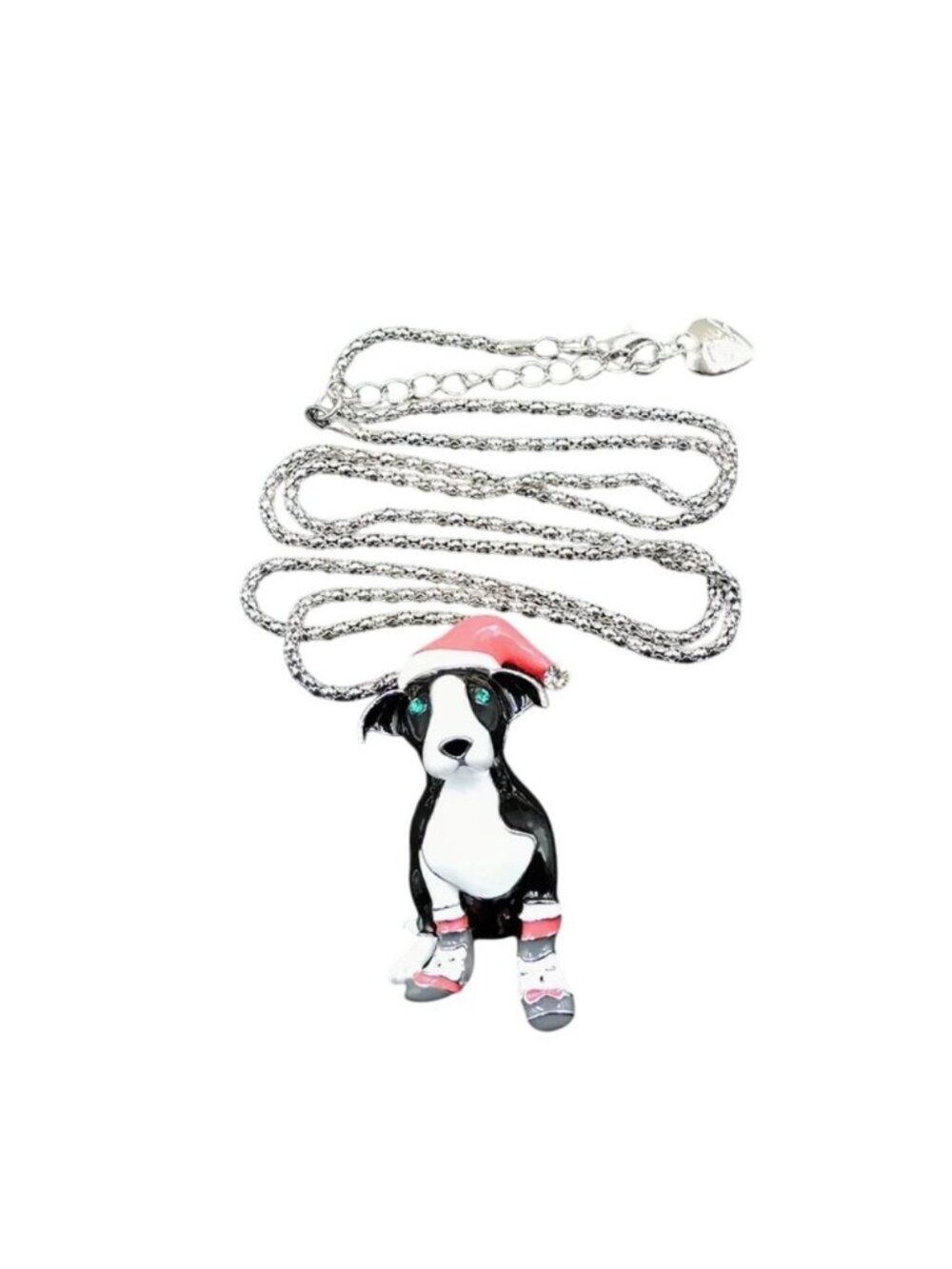 Necklace Brooch Black & White Enamel Christmas Dog Pendant Silver Tone